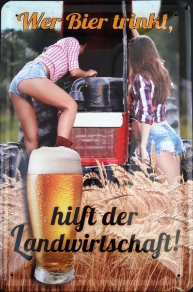 Blechschild "Wer Bier trinkt, hilft der Landwirtschaft" Frauen am Traktor