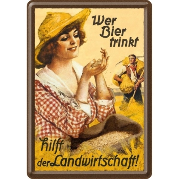 Blechpostkarte "Wer Bier trinkt..." Motiv Frau